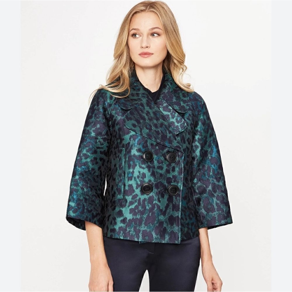 Elie Tahari Edna Leopard-Print Lacquard Green Multi Jacket Size Small - Picture 5 of 15